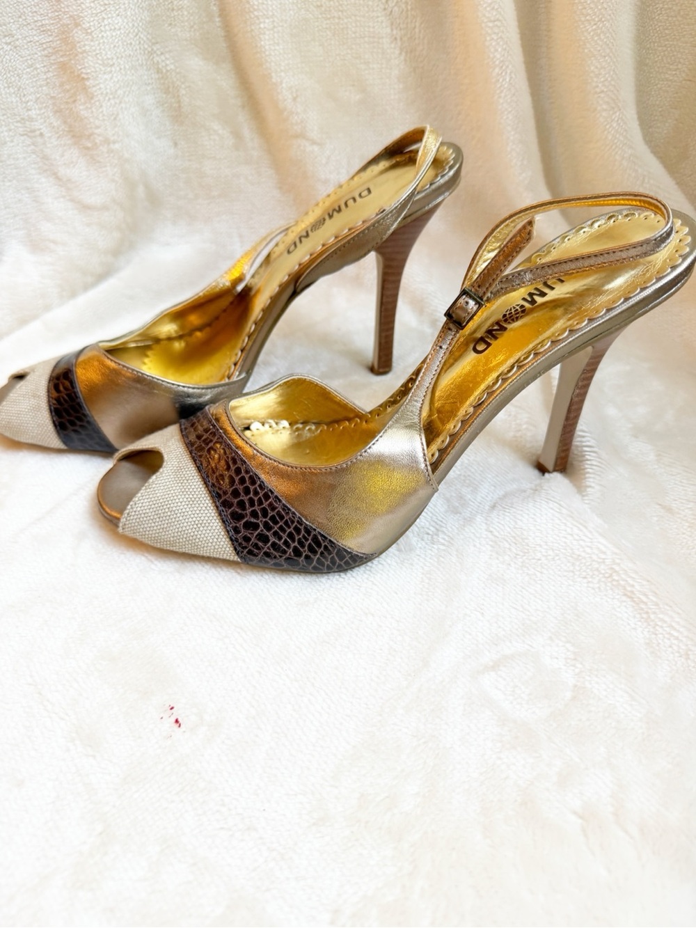 NWOT Gold & Brown Peep-Toe Slingback Heels.